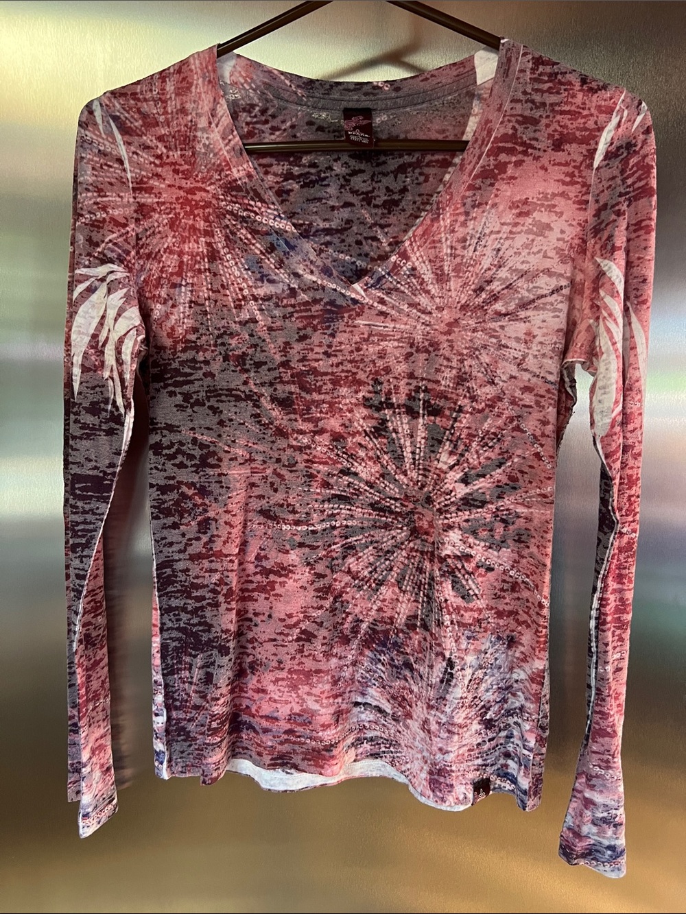 Prana Pink Tie-Dye V-Neck Long Sleeve Top